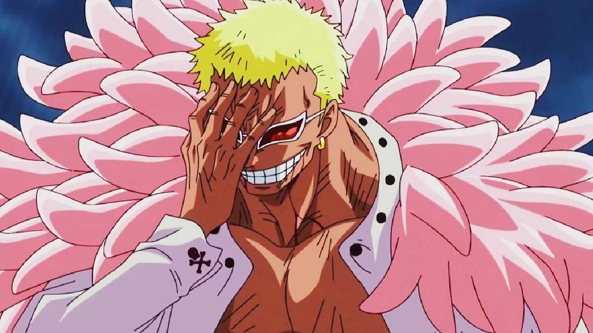 Donquixote Doflamingo laughs to himself in One Piece