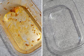 Two images of a plastic container: one with food residue and one clean