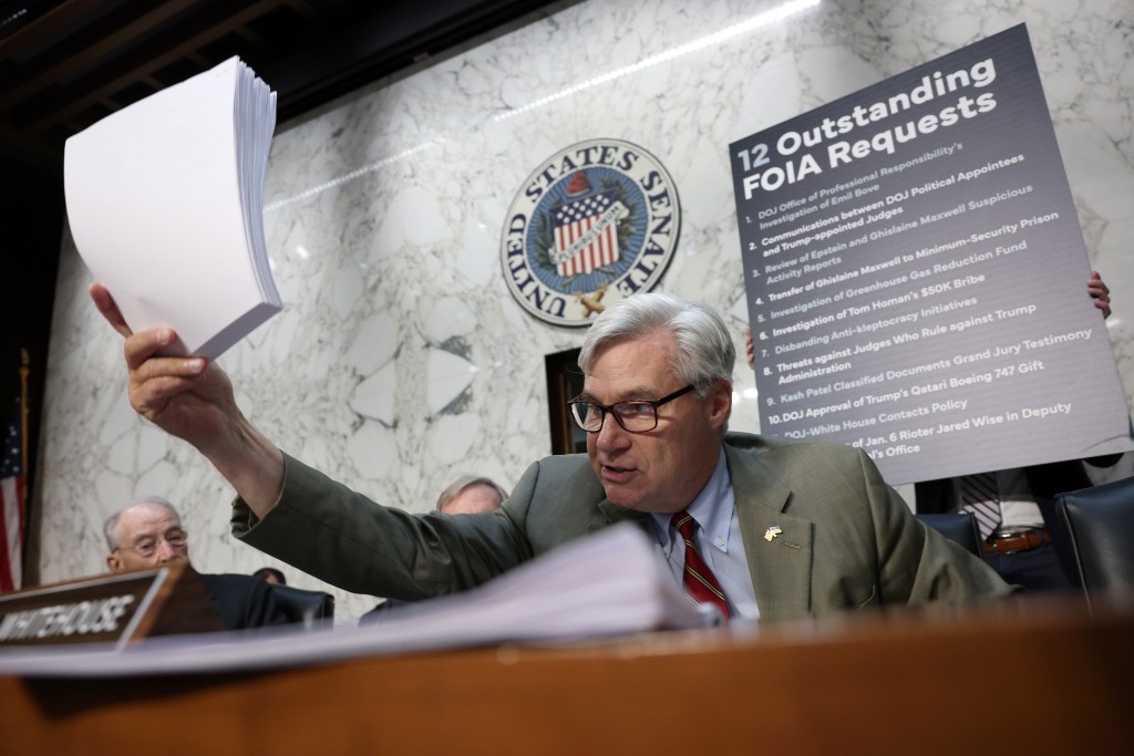 WASHINGTON, DC - JULY 15: Sen. Sheldon Whitehouse (D-RI) attends the confirmation hearing for acting Attorney General Todd Blanche in front of the Senate Judiciary Committee on Capitol Hill July 15, 2026 in Washington, DC. During Blanche's tenure as acting Attorney General the Justice Department has been under scrutiny for pushing President Trump's 1.8 billion dollar