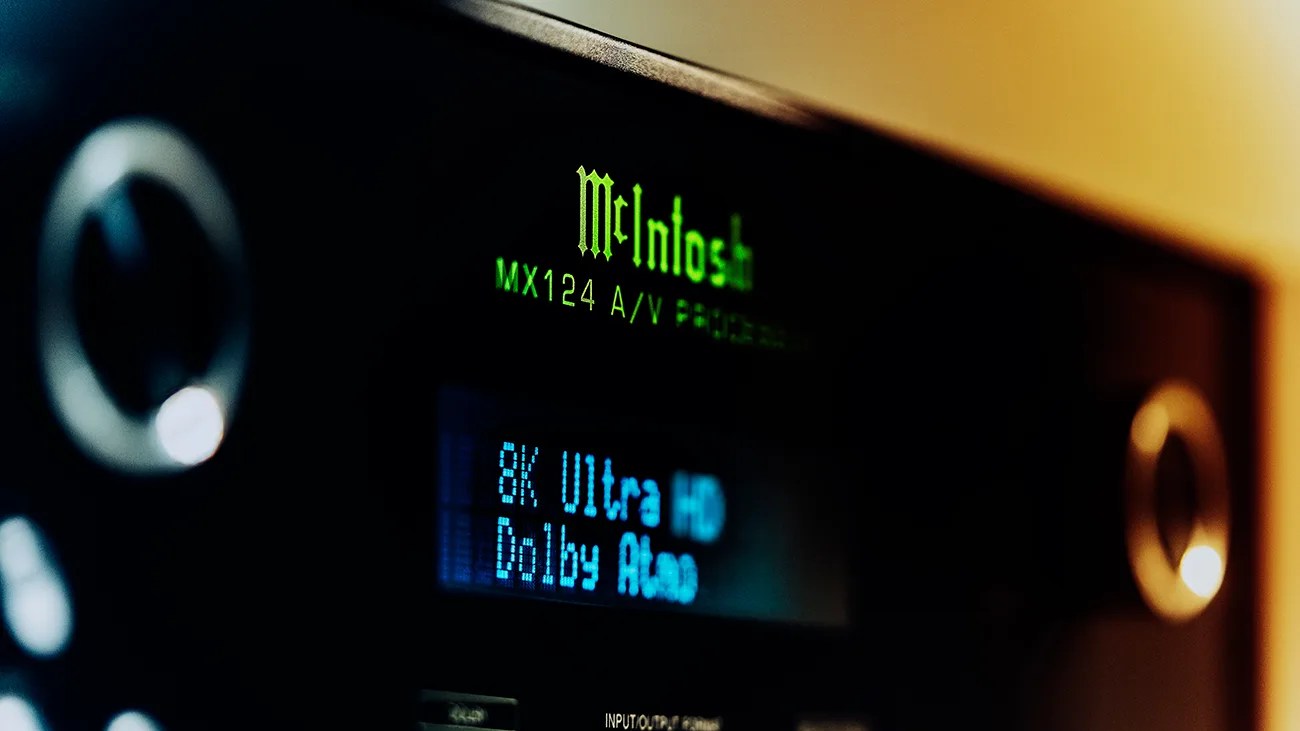 Close-up of a McIntosh MX124 A/V processor display showing 