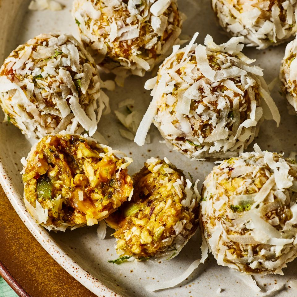 A recipe image of Mango-Lime Coconut Energy Balls.