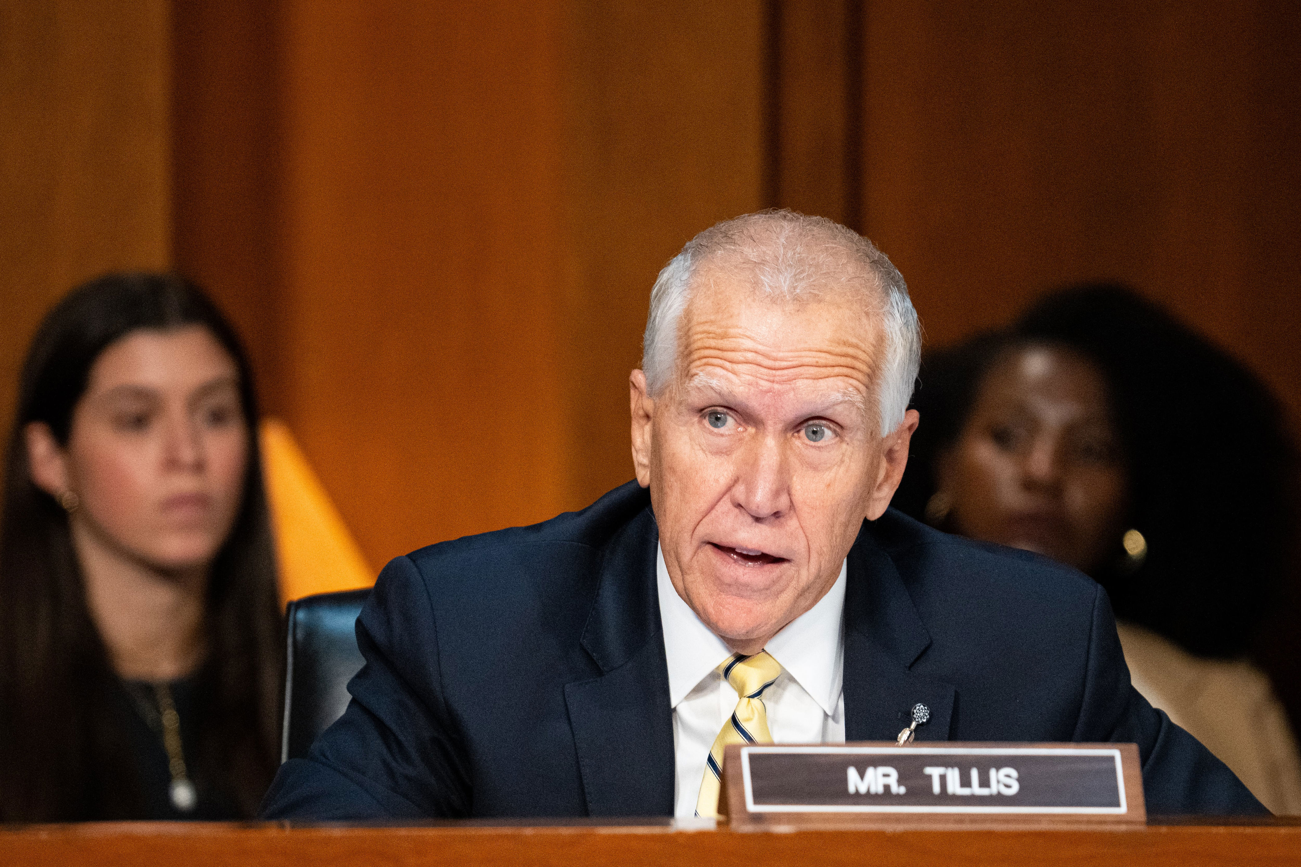 GOP Sen. Thom Tillis, pictured on July 15, said his vote to advance Todd Blanche out of committee as the next attorney general depends on the acting AG meeting with survivors of Jeffrey Epstein. / Bill Clark / Bill Clark/CQ-Roll Call, Inc via Getty Images