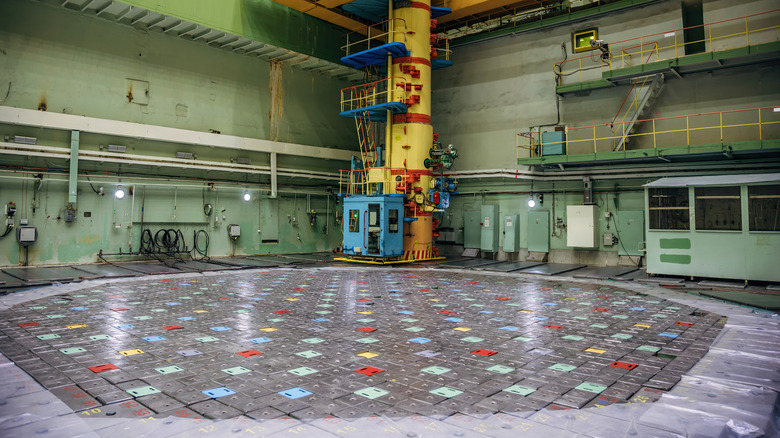 The exposed surface of a nuclear reactor core in the process of being refueled