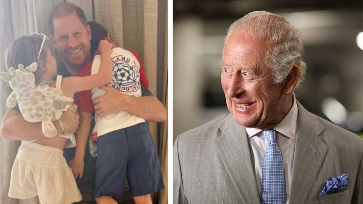(L) Prince Harry hugging Prince Archie and Princess Lilibet, (R) King Charles smiles as he speaks with firearms officers about their role in protecting the underground and rail network (Image Source: (L) Instagram I @meghan, (R) Getty Images I Shane Anthony Sinclair)