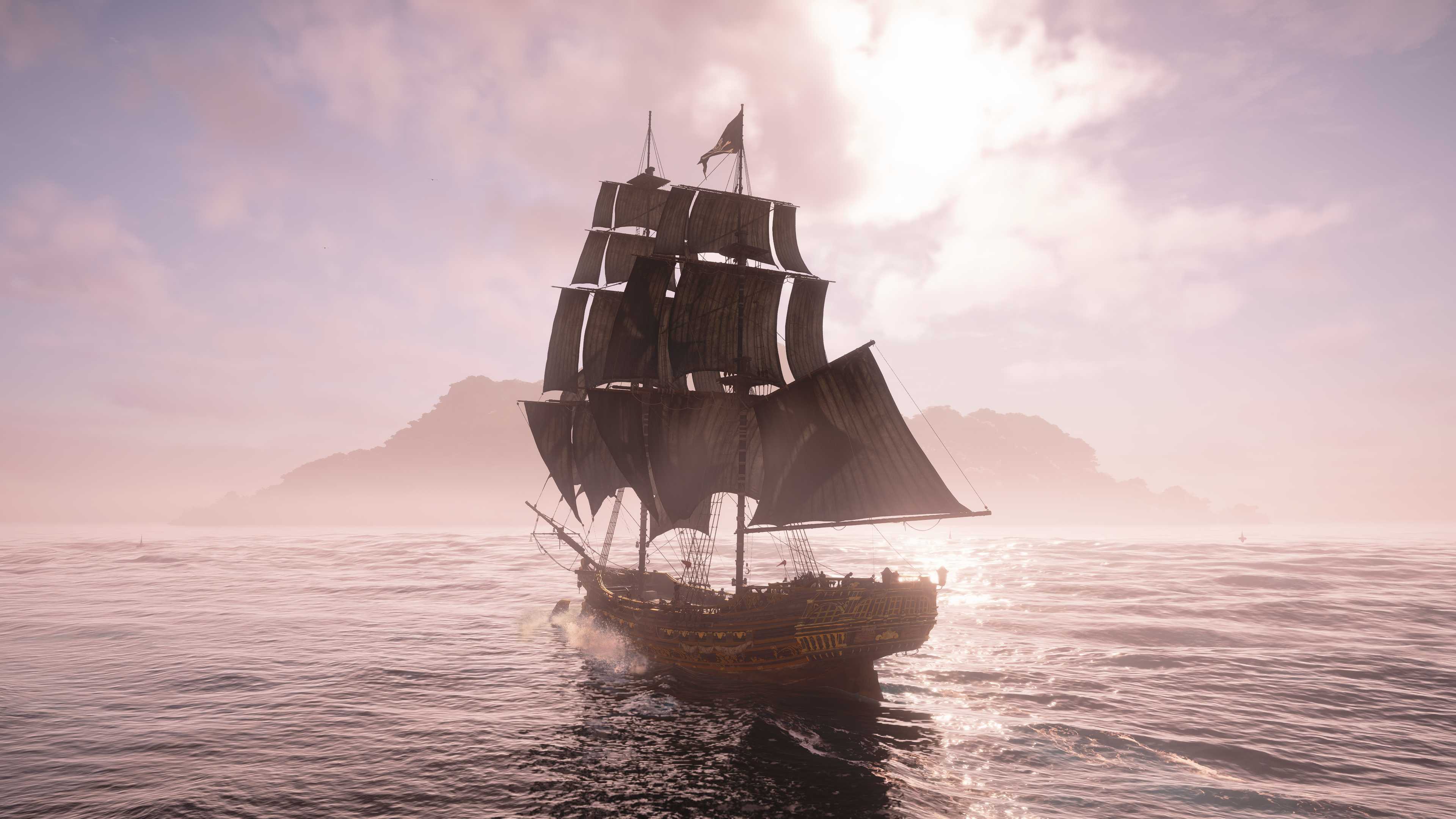 Assassin's Creed Black Flag Resynced gameplay showing a ship anchored at sea with beautiful soft-pink lighting