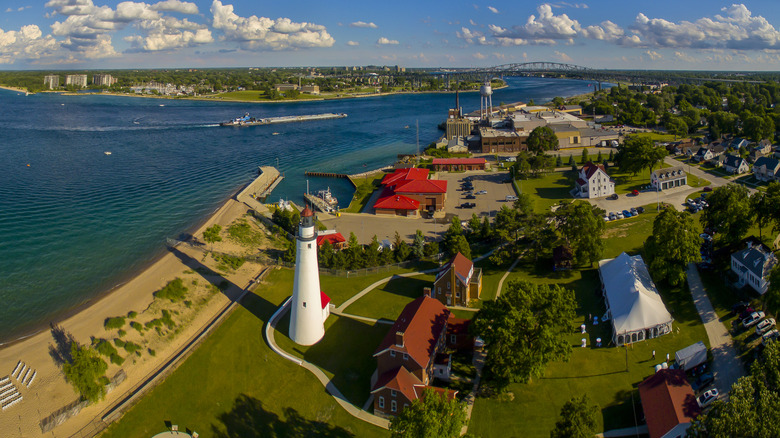 An aerial view of Fort Gratiot Lighthouse and the surrounding city of Port Huron, St. Clair County, MI
