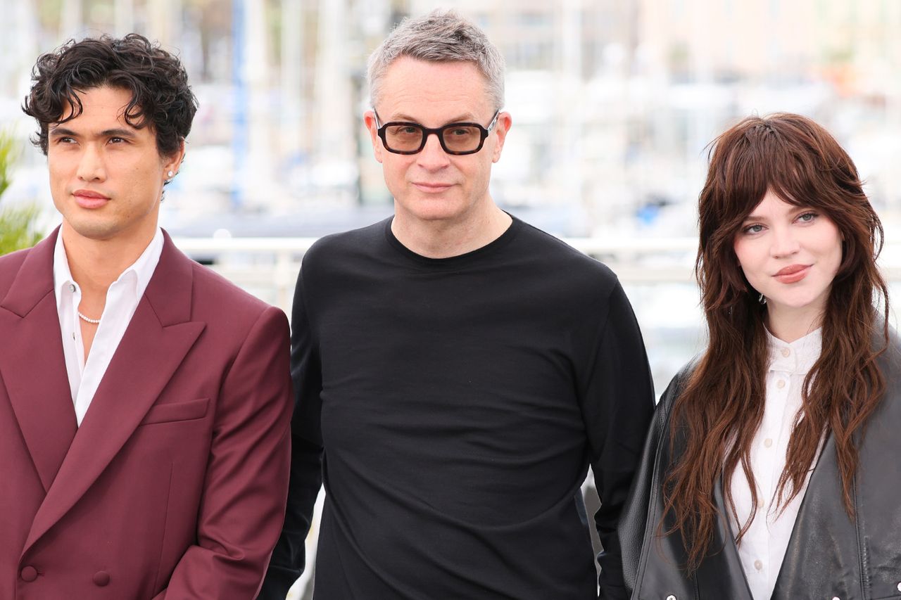 Charles Melton, Nicolas Winding Refn and Sophie Thatcher pose during the Her Private Hell photocall at the 79th annual Cannes Film Festival at Palais des Festivals on May 19, 2026 in Cannes, France.