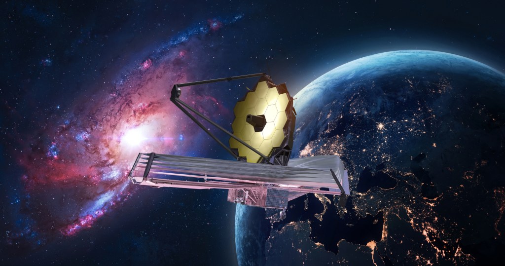 Stock image: an illustration of NASA's James Webb Space Telescope in outer space.