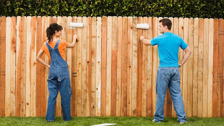 Couple painting fence