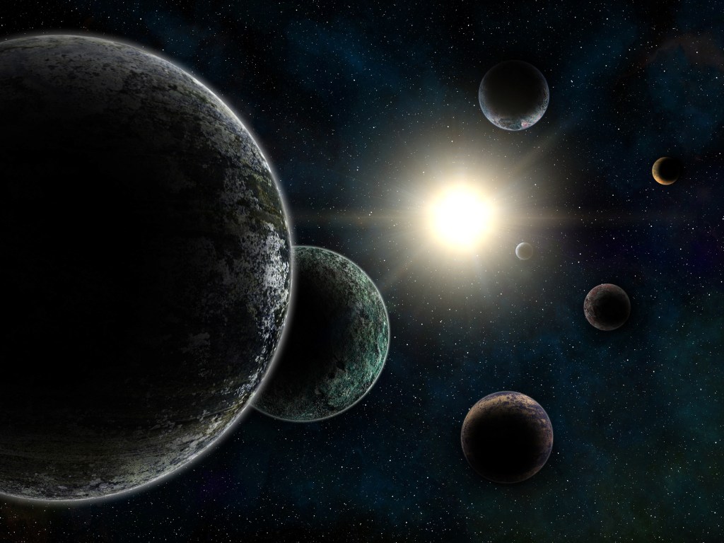 A 3D rendering of an exoplanet system.