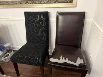Two dining chairs side by side; one with an ornate fabric cover, the other with a peeling leather seat