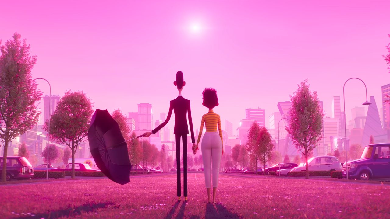 A man with an umbrella and a woman hold hands and look at a bright object in a purple-hued sky. This is a screenshot from the animated movie 