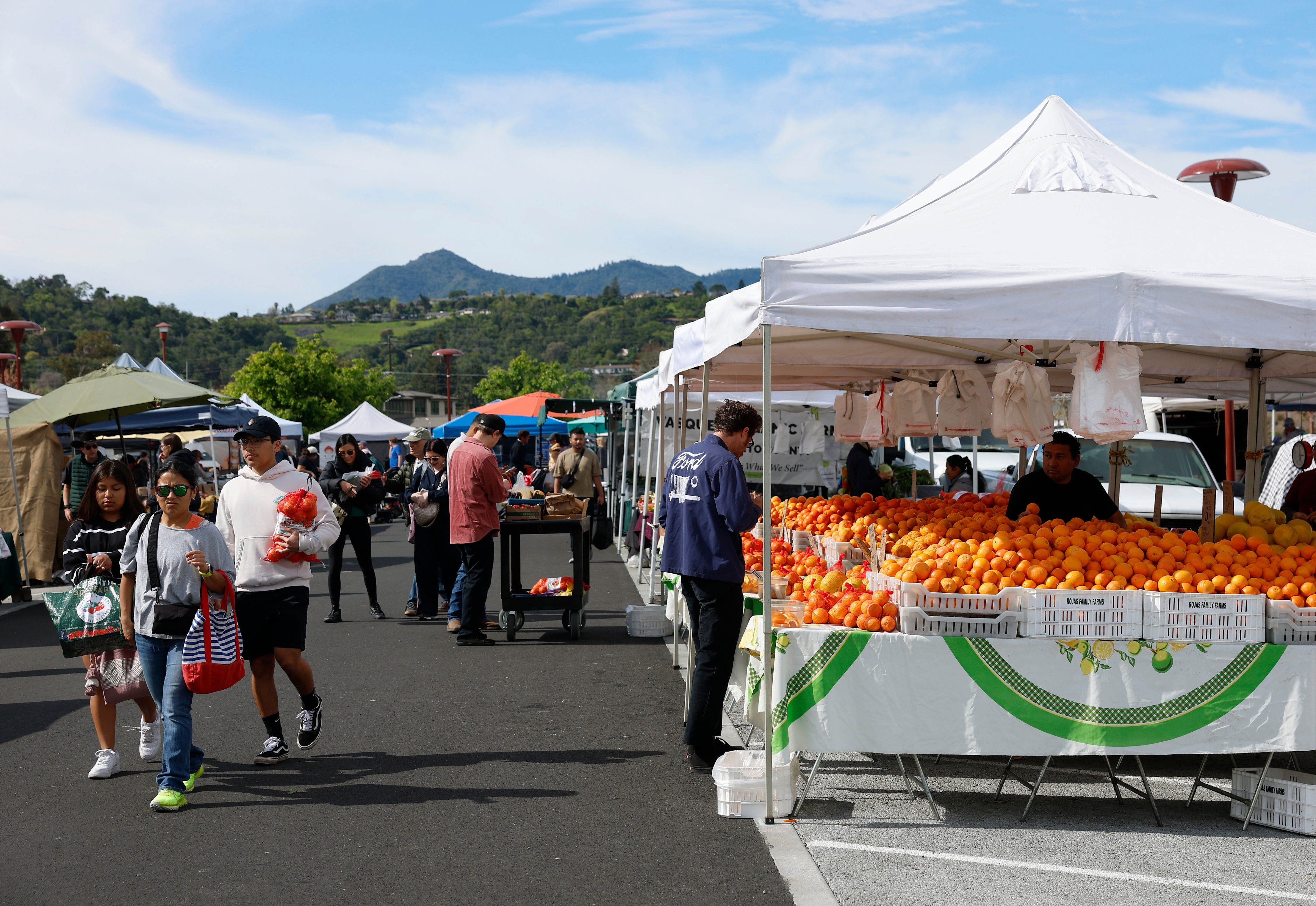Shoppers walk through a farmers market in April 2025 in San Rafael, California. People should not wash the produce they purchase with soap or household cleaners (Getty Images)