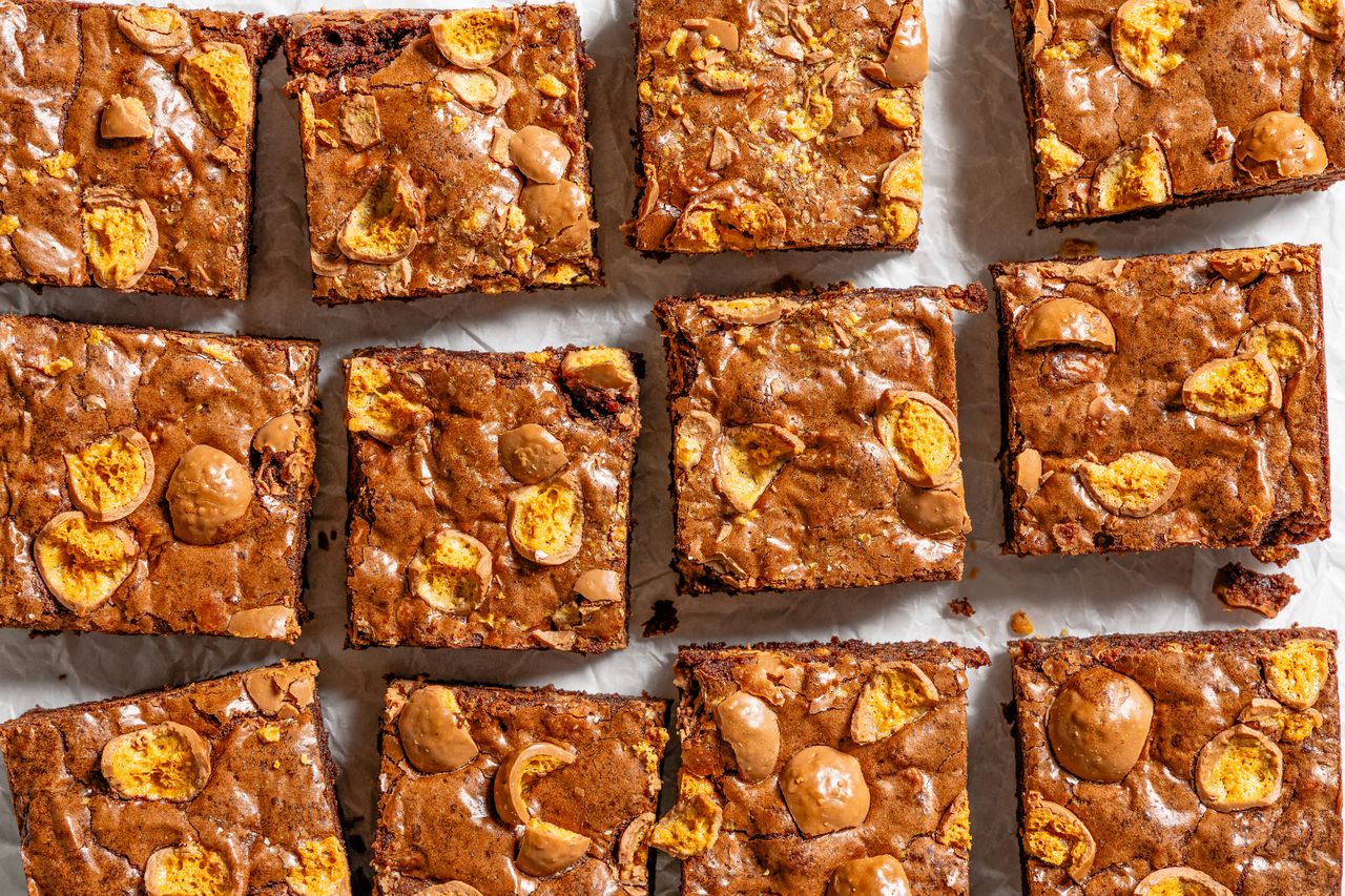 Malted milk brownies arranged in a grid pattern