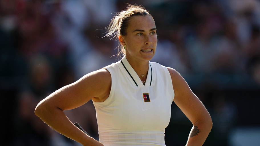 Aryna Sabalenka reacts during her match at Wimbledon.