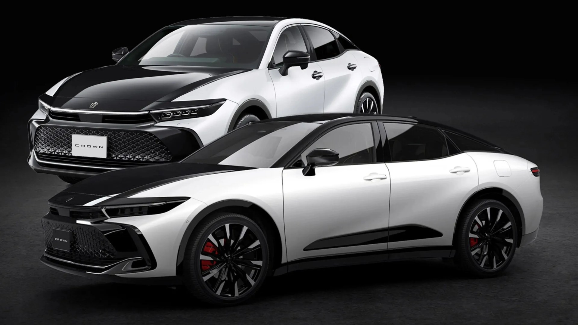 Two white and black Toyota Crown cars, one sedan and one SUV, with black roofs and red brake calipers on a dark background.