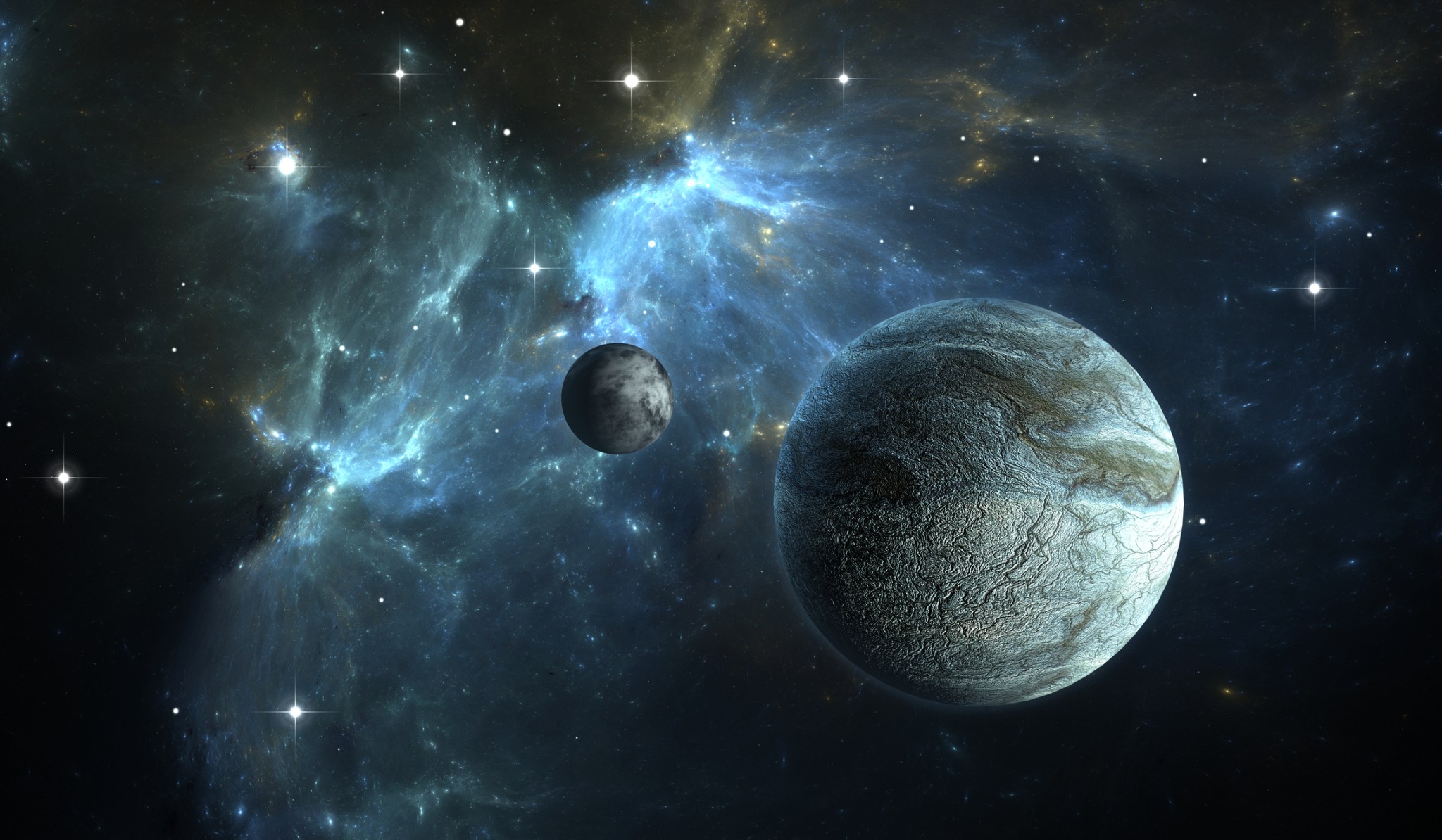 Stock image: an illustration of an exoplanet in space, with the moon in background.