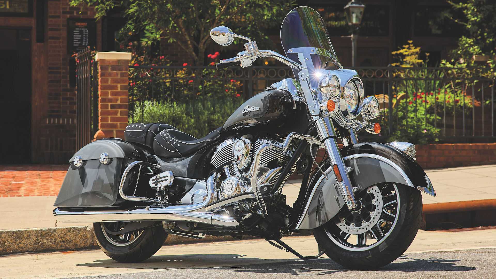 2025 Indian Springfield parked curbside, static front quarter shot