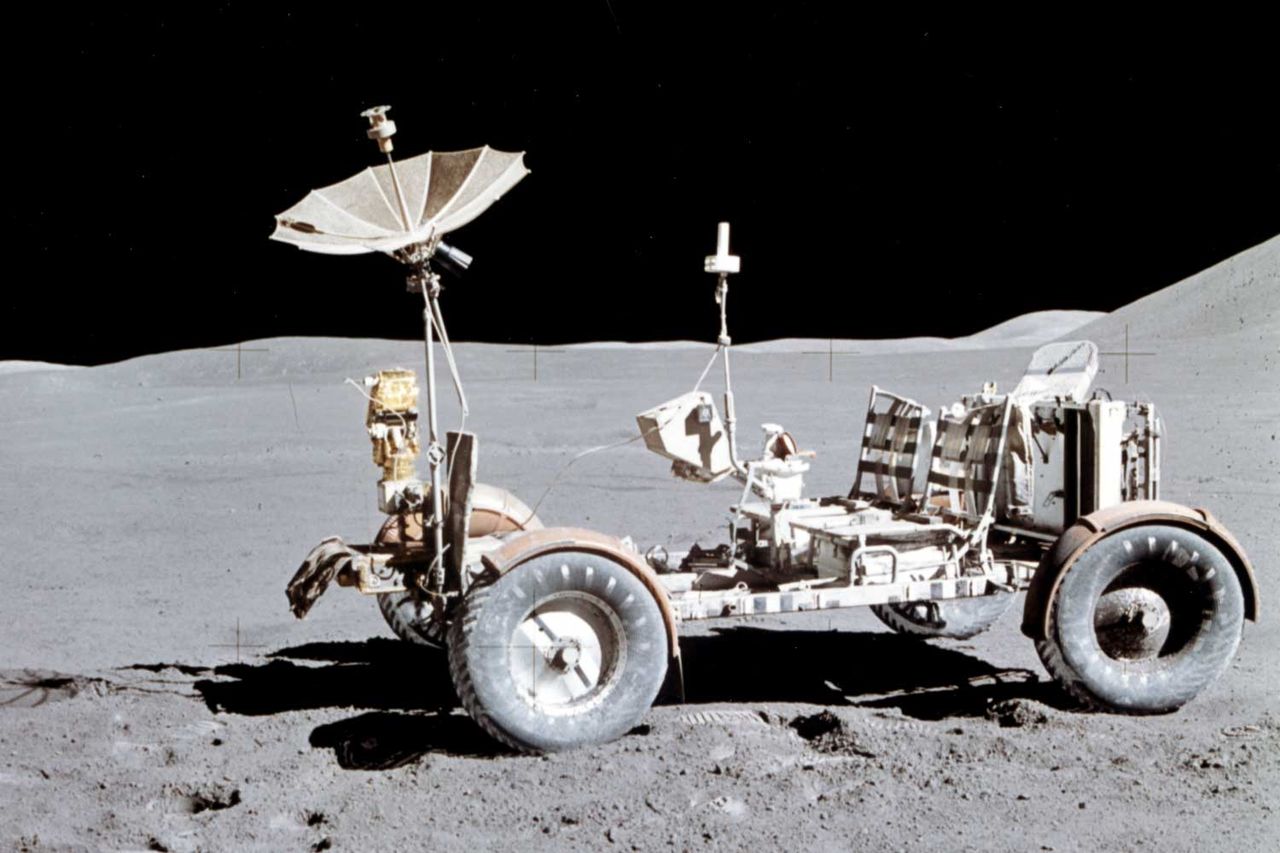 Lunar Roving Vehicle, The Lunar Roving Vehicle Is Photographed Alone During An Apollo 15 Extravehicular Activity At The Hadley-Apennine Landing Site, August 2, 1971, The West Edge Of Mount Hadley Is At The Upper Right Edge Of The Picture.