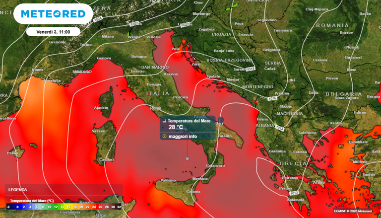 Cada vez mais frequentemente no verão, as temperaturas da água superficial no Mar Mediterrâneo chegam a atingir entre +28°C e +30°C.