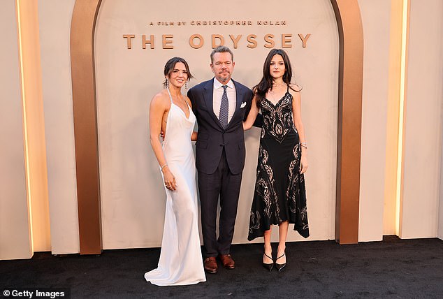He was joined by wife Luciana Barroso-Damon, 49, and 20-year-old daughter Isabella Damon