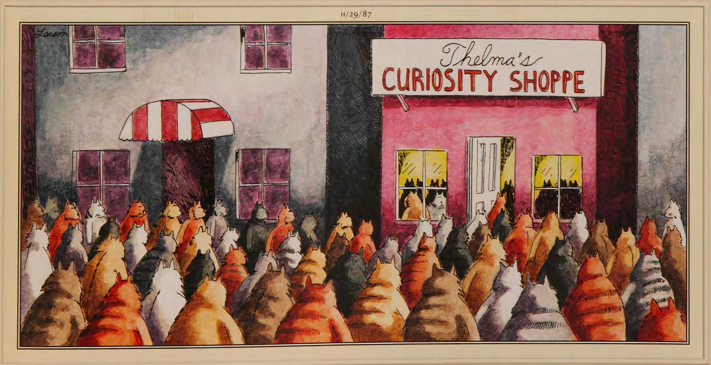 Many, many cats stand outside Thelma's Curiosity Shoppe.
