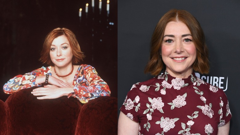 Alyson Hannigan pictured as Willow in "Buffy the Vampire Slayer" on the left and at a red carpet event in 2026 on the right.