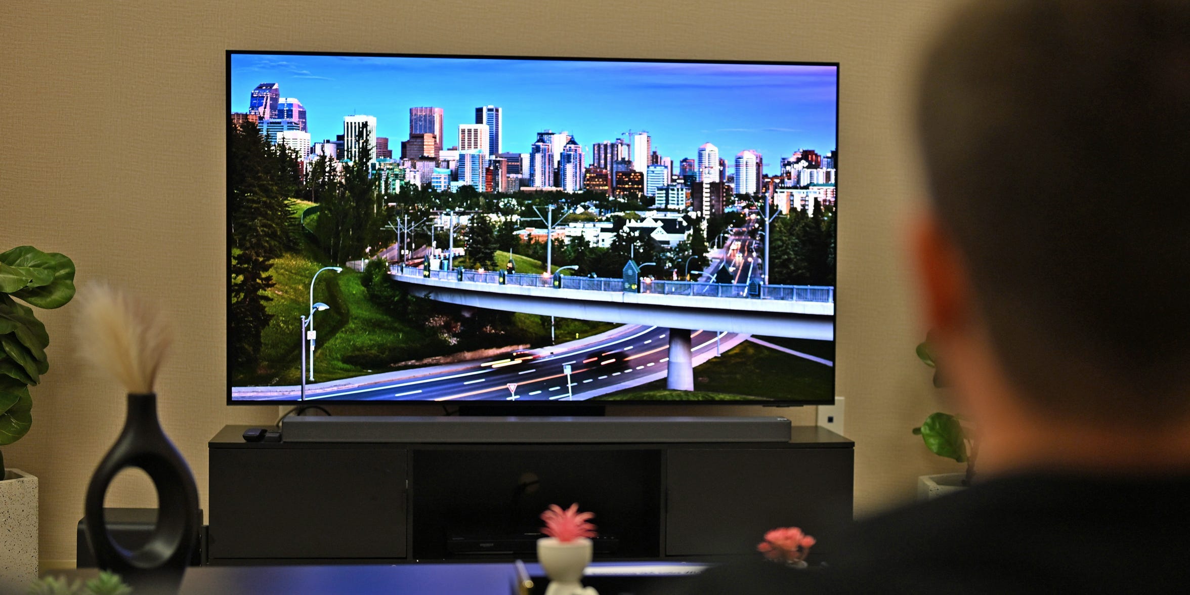 A Samsung S95F TV on a media console is pictured from an over-the-shoulder perspective with a viewer out of focus in the foreground.