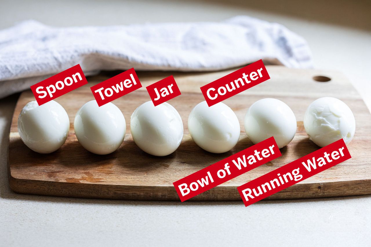 Comparison of different egg peeling methods labeled on a cutting board spoon towel jar counter bowl of water and running water