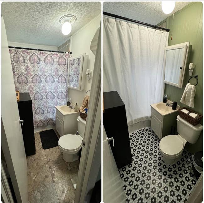 Before and after bathroom renovation; old shower curtain and flooring replaced with new designs for a refreshed look