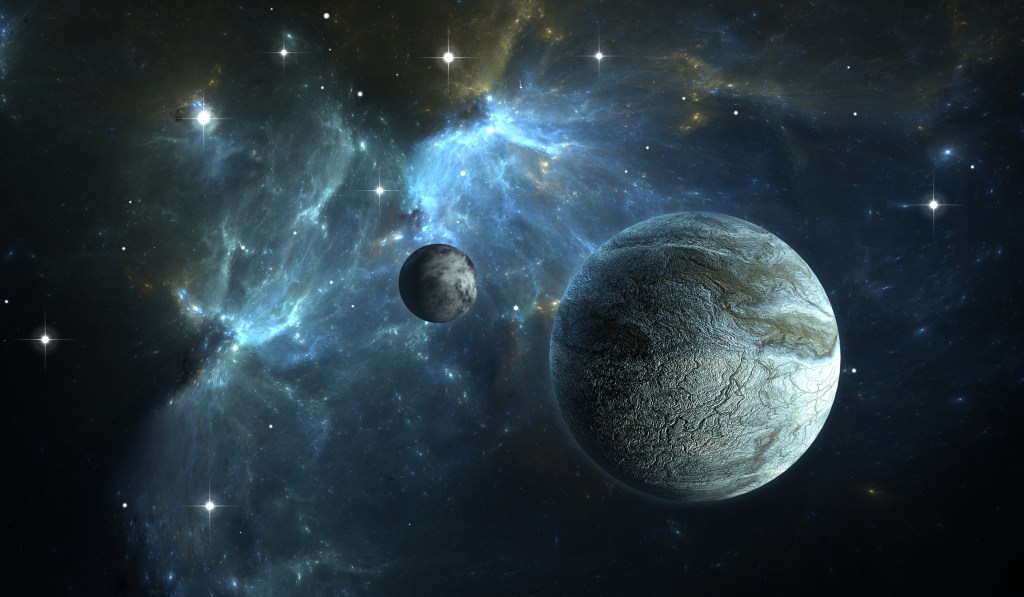 Stock image: an illustration of an exoplanet in space, with the moon in background.