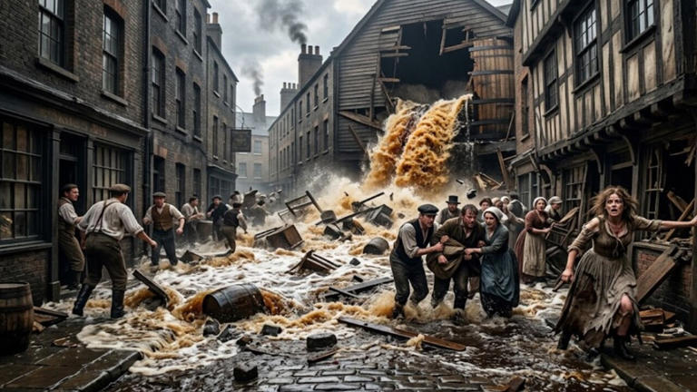 A Grande Inundação de Cerveja de Londres entrou para a história após um enorme tanque romper e despejar mais de 1 milhão de litros de cerveja pelas ruas