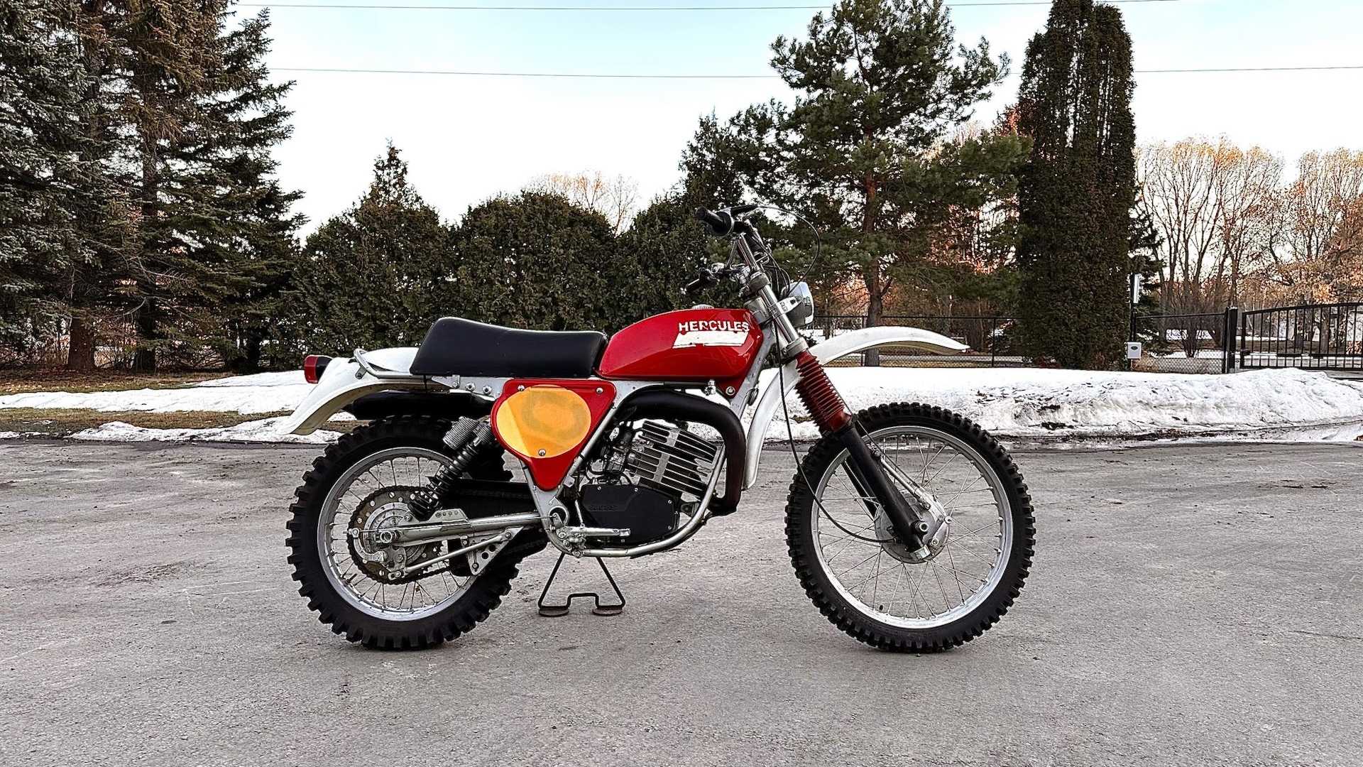 Side view of a dirt bike with a rare rotary engine.