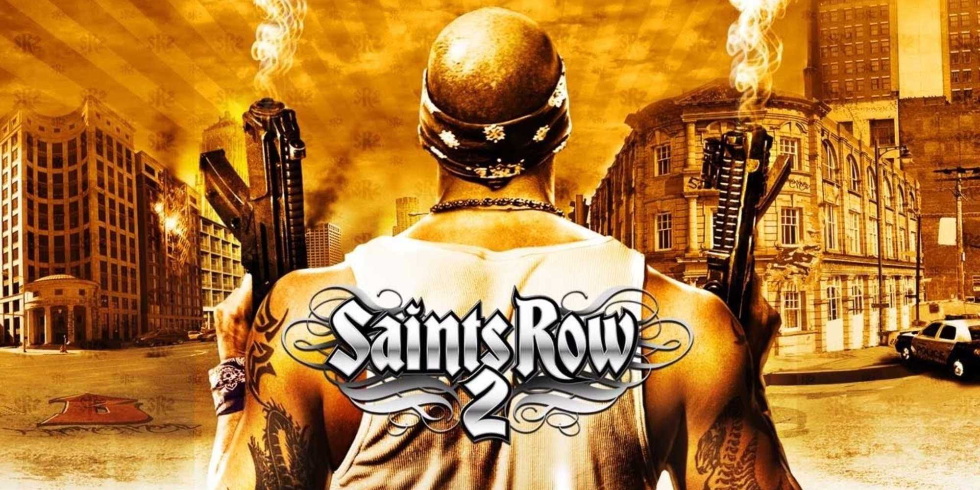 An image of promotional art for Sants Row 2, featuring a man holding two guns and facing a city