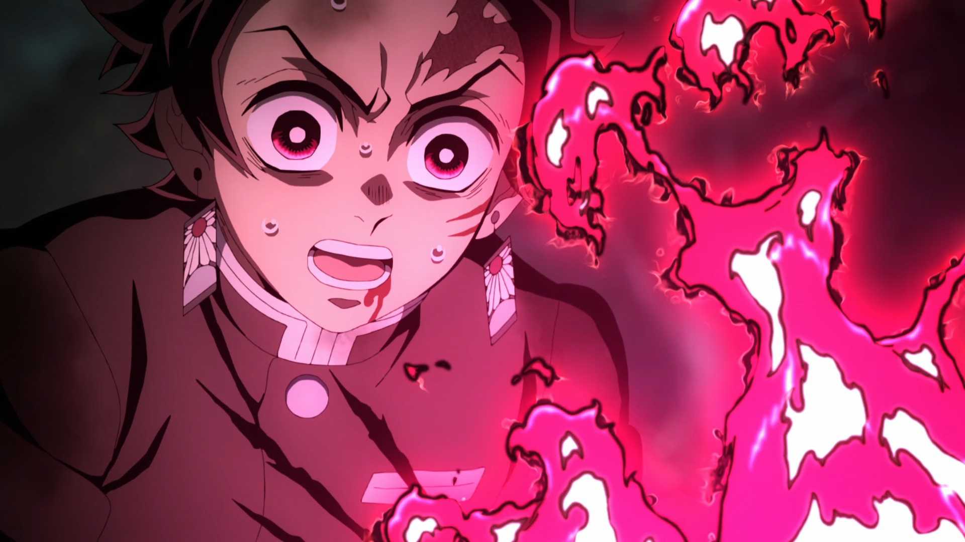 Tanjiro stares in shock at pink fire in Demon Slayer
