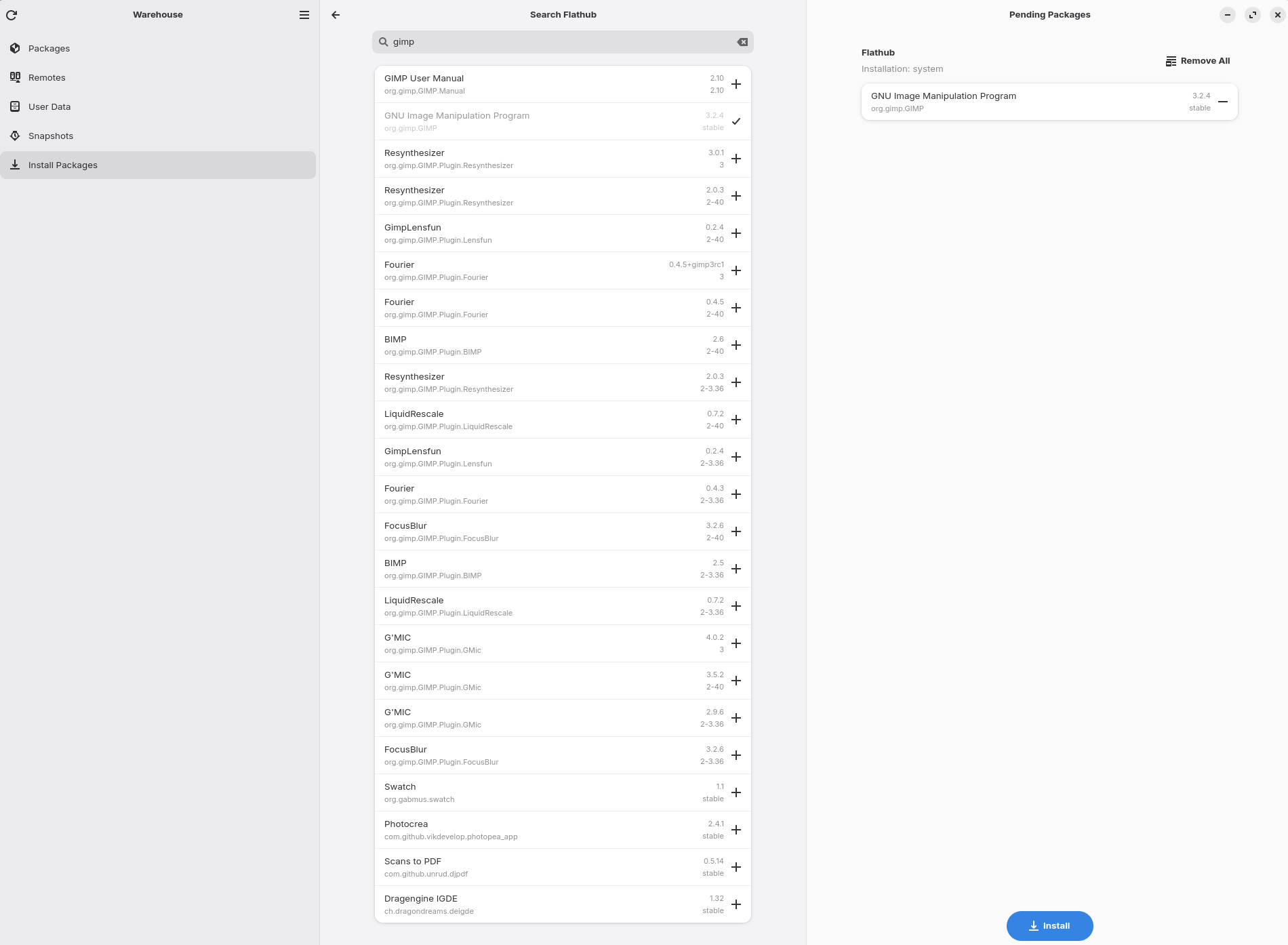 A screenshot of Warehouse running on ZorinOS. The search tab is open with the results showing.