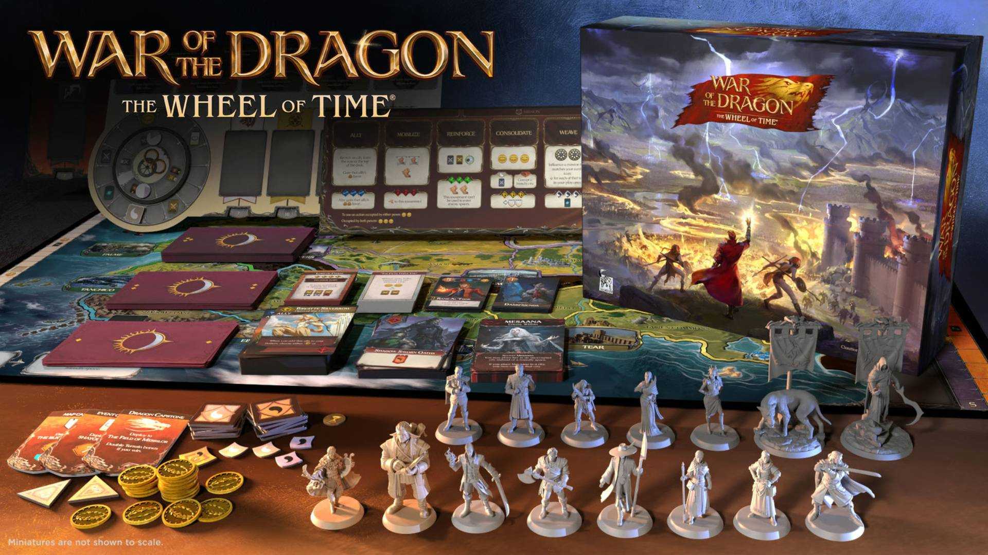 Wheel of Time War of the Dragon board game components all laid out next to the box.