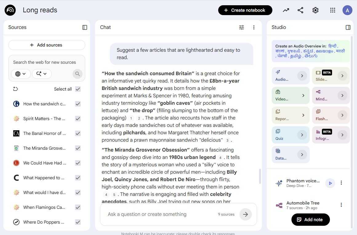 Screenshot showing how to find articles in NotebookLM