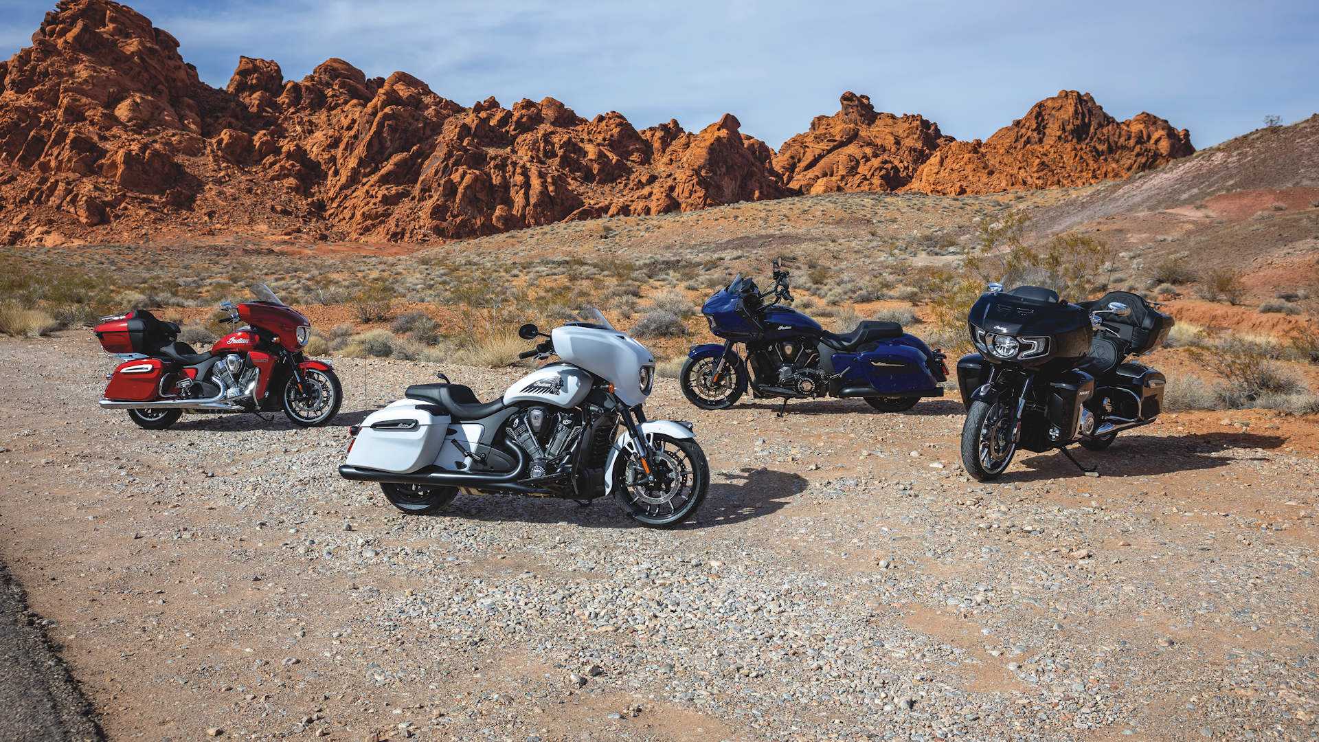 2025 Indian tourers and baggers parked roadside in the desert