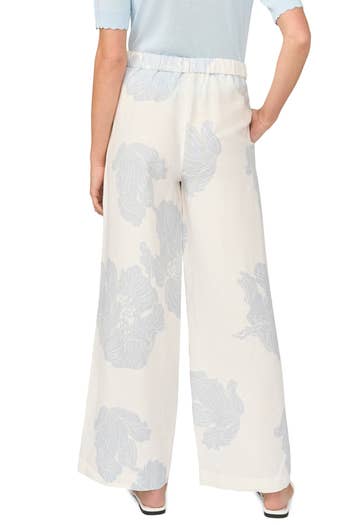 Back view of a person wearing wide-leg pants with a floral pattern, paired with sandals