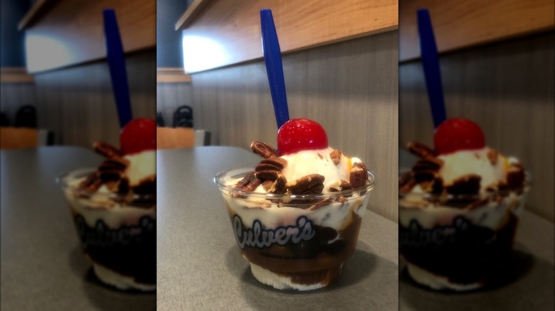 Culver's Turtle Sundae with a spoon