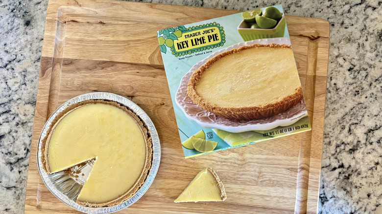 Overhead view of a sliced Trader Joe's brand pie