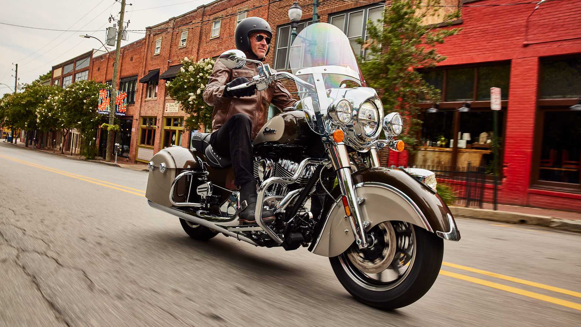 Brown 2023 Indian Springfield cruising through town