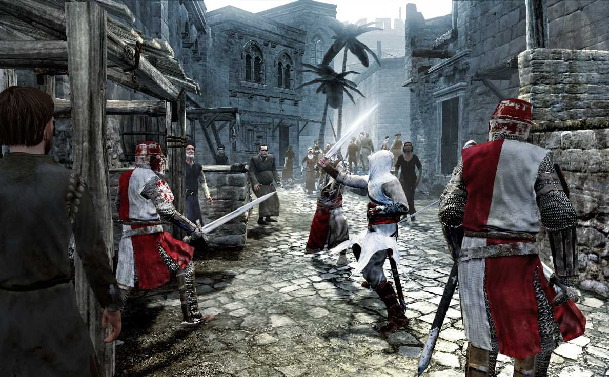 Altaïr Ibn-La’Ahad fights several enemy soldiers in open sword combat in Assassin’s Creed (2007)