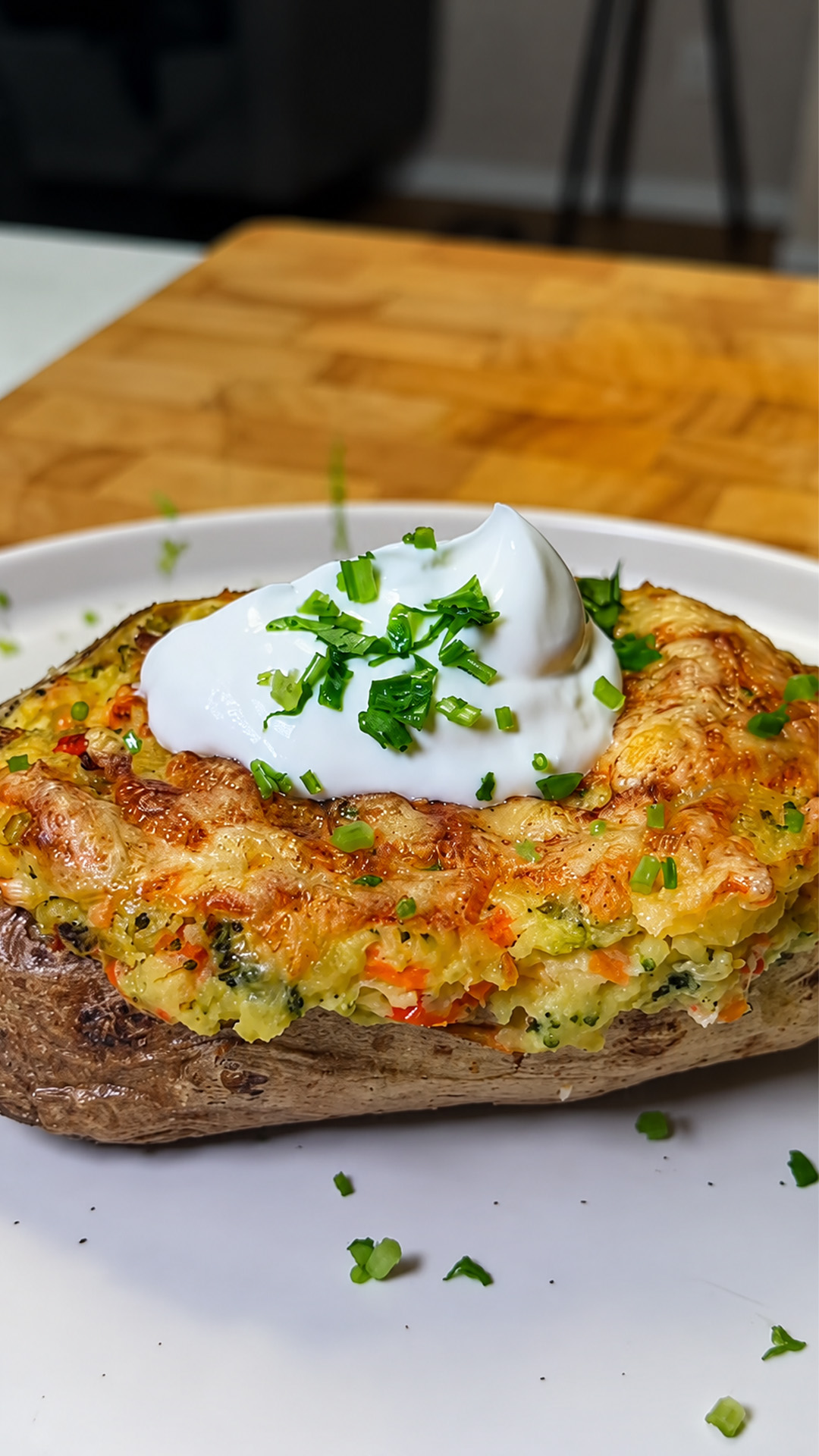 Crispy double baked potatoes with cheese and veggies