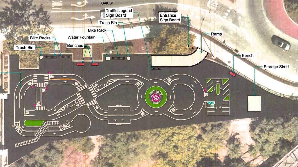 A conceptual rendering shows the planned traffic garden from an overhead view at 201 Oak St. in downtown Roseville in this undated image. The Roseville City Council approved the $247,821 project, which will create a scaled down, car-free street network where children and new bike riders can practice traffic safety before riding in traffic.