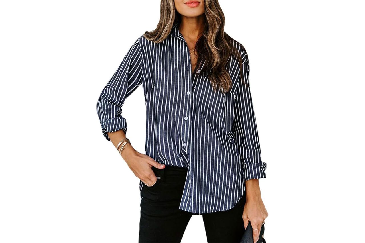 siliteelon Womens Button Down Shirts Cotton Striped Dress Shirt Long Sleeve