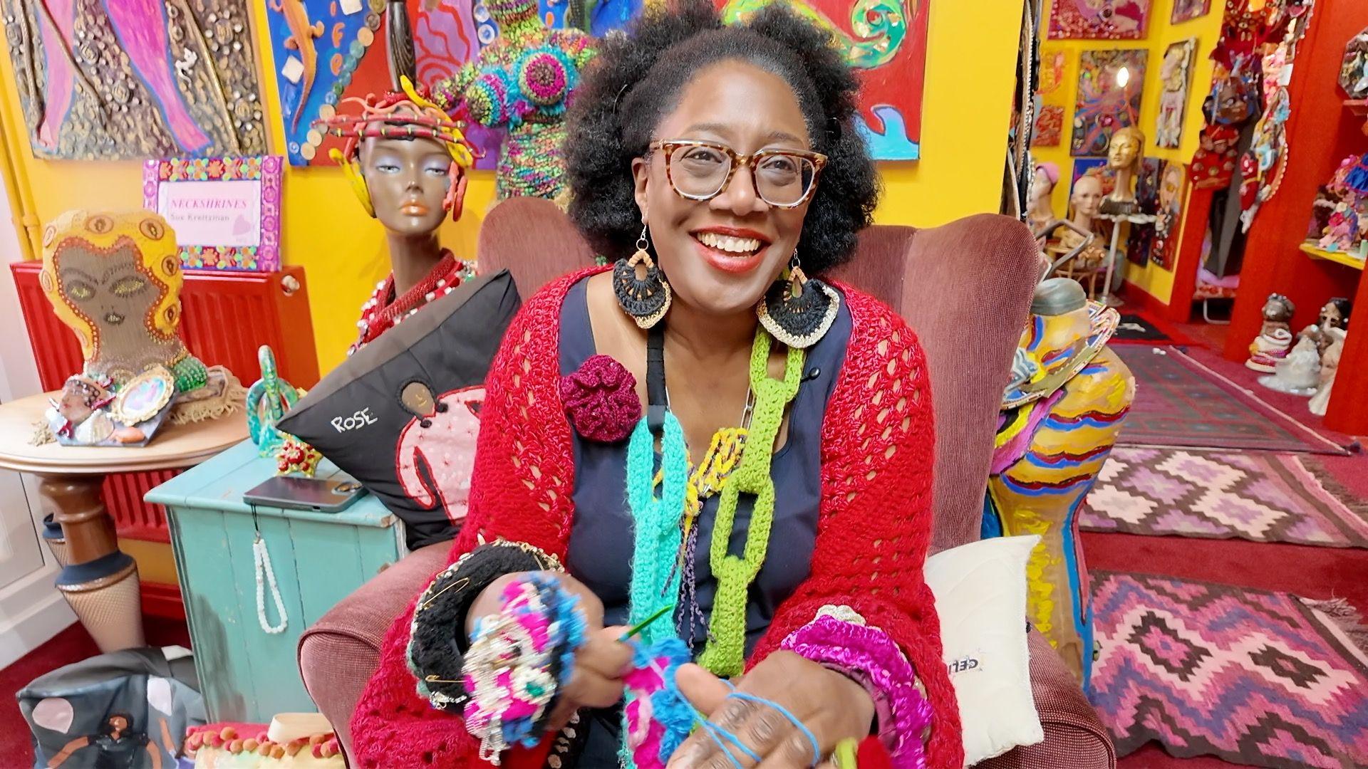 Crochet artist Elizabeth Joseph makes some of the bases for the neckshrines, as well as her own crocheted bangles