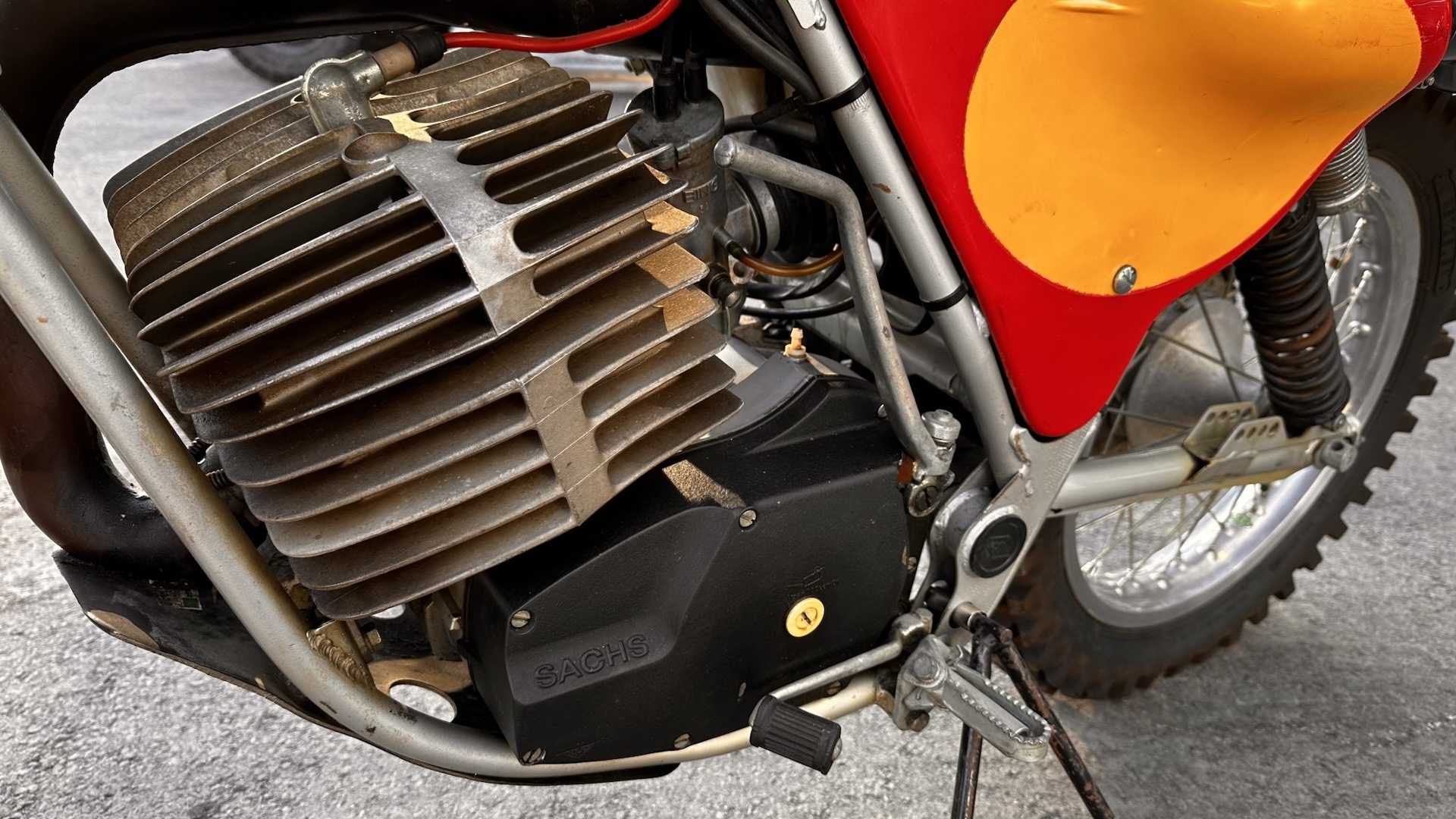 The rotary engine in a vintage motorcycle's frame