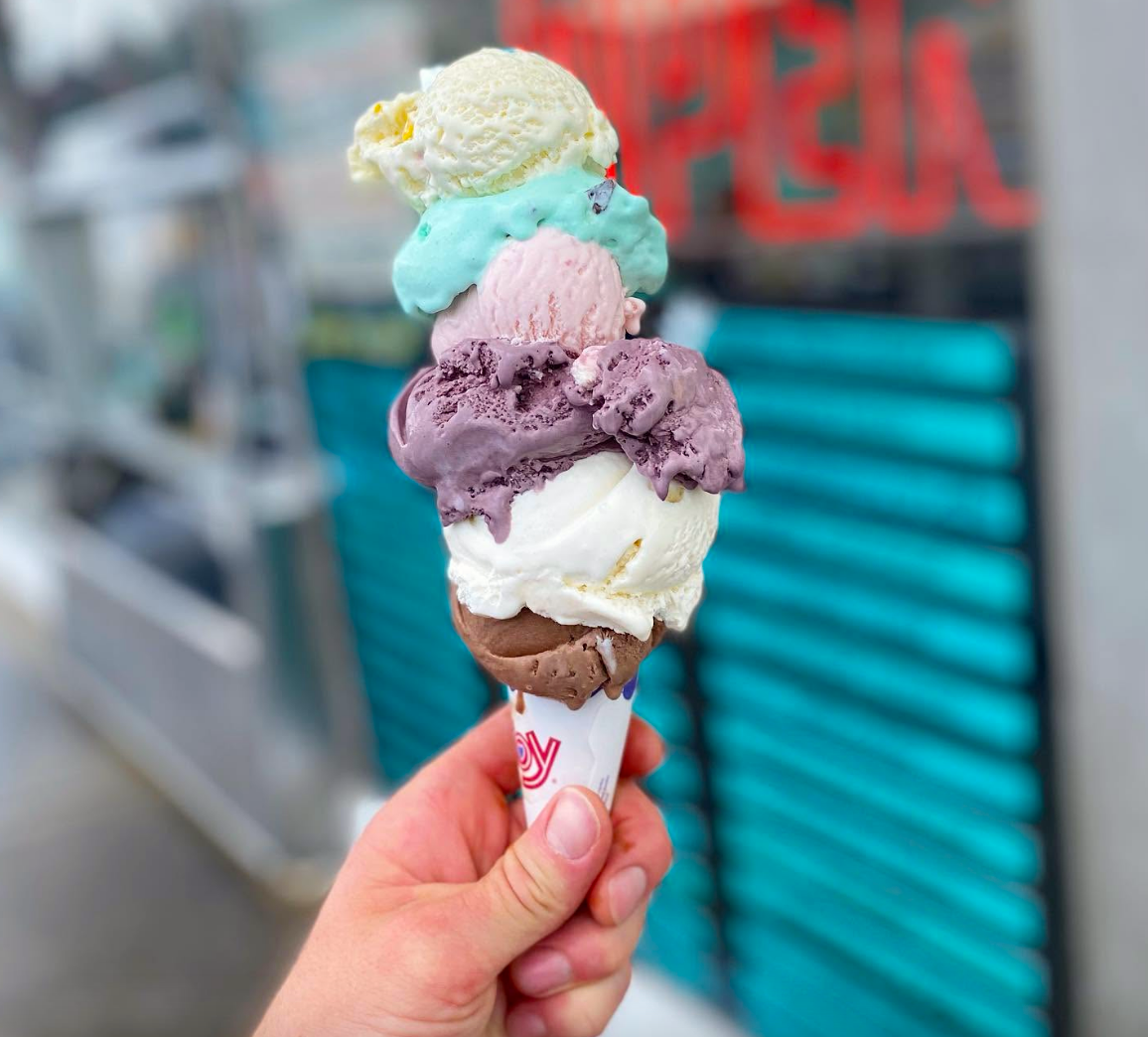 A cone featuring four flavors of ice cream from Curly's Ice Cream in Riverdale, NJ.